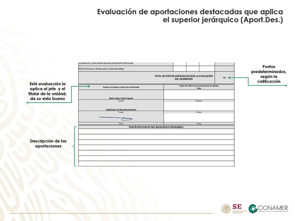 Evaluación de aportaciones destacadas que aplica el superior jerárquico (Aport.Des.)
