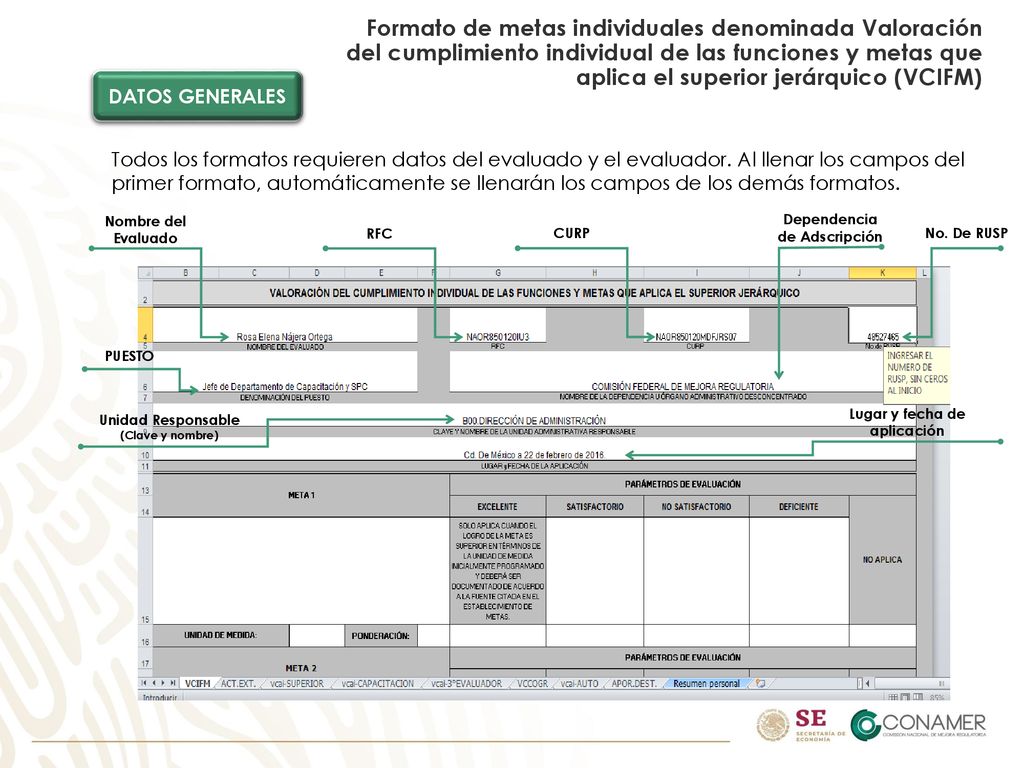 Formato de metas individuales denominada Valoración del cumplimiento individual de las funciones y metas que aplica el superior jerárquico (VCIFM)