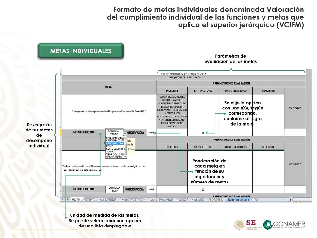 Formato de metas individuales denominada Valoración del cumplimiento individual de las funciones y metas que aplica el superior jerárquico (VCIFM)
