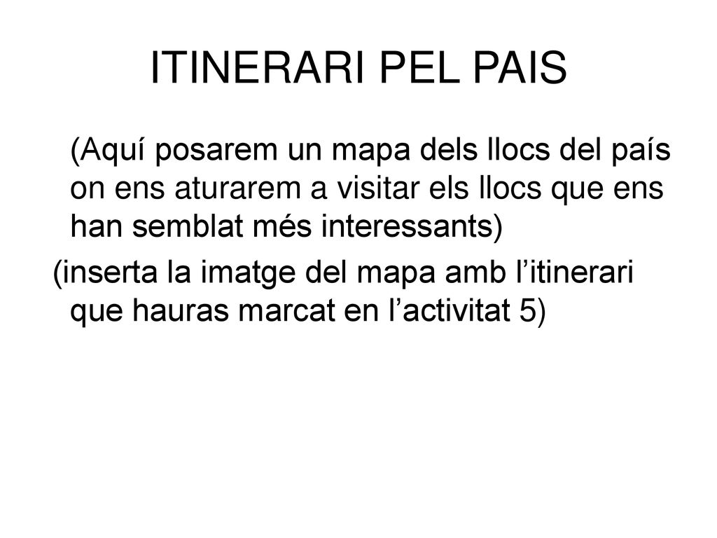 ITINERARI PEL PAIS (Aquí posarem un mapa dels llocs del país on ens aturarem a visitar els llocs que ens han semblat més interessants)