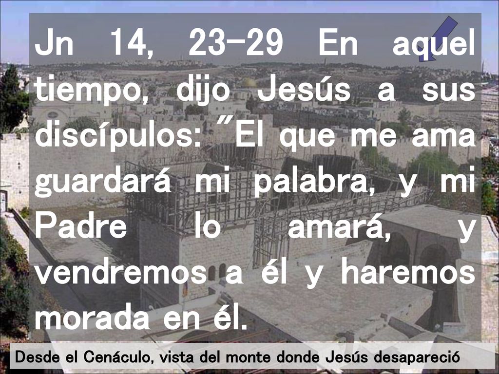 Jn 14, En aquel tiempo, dijo Jesús a sus discípulos: El que me ama guardará mi palabra, y mi Padre lo amará, y vendremos a él y haremos morada en él.