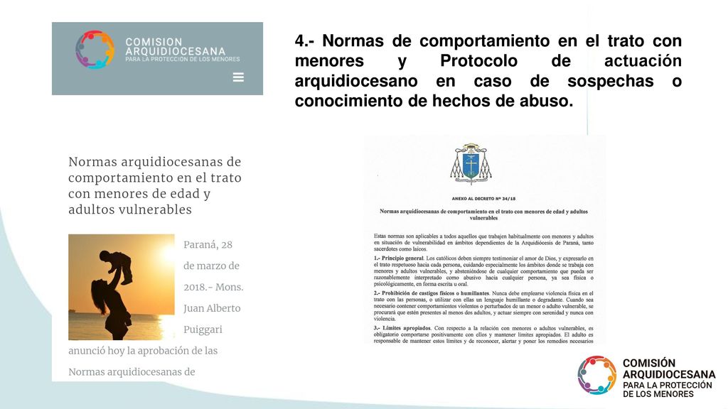 4.- Normas de comportamiento en el trato con menores y Protocolo de actuación arquidiocesano en caso de sospechas o conocimiento de hechos de abuso.