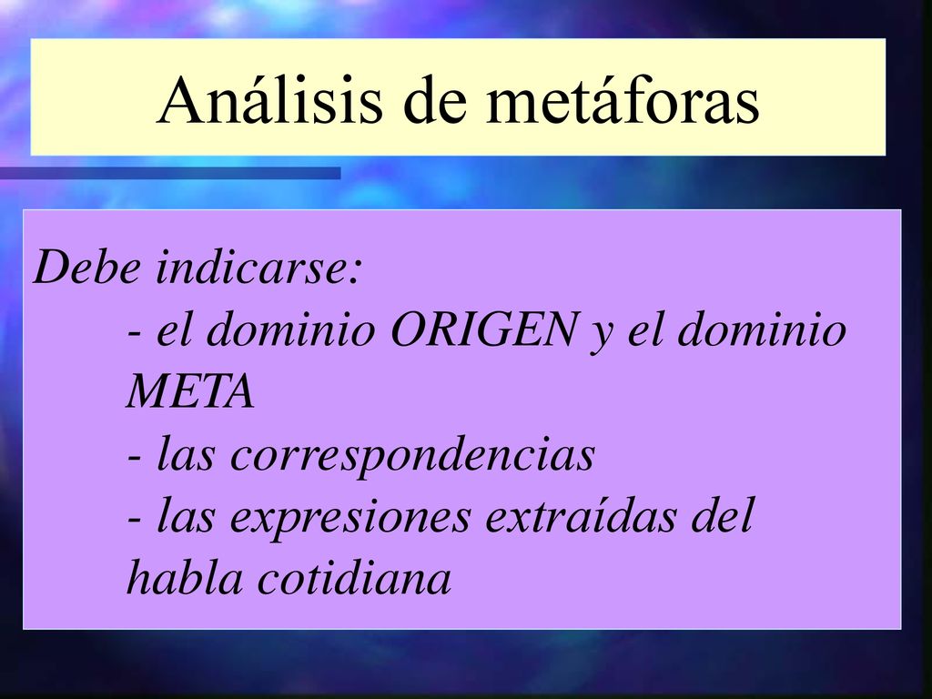 Análisis de metáforas Debe indicarse: - el dominio ORIGEN y el dominio
