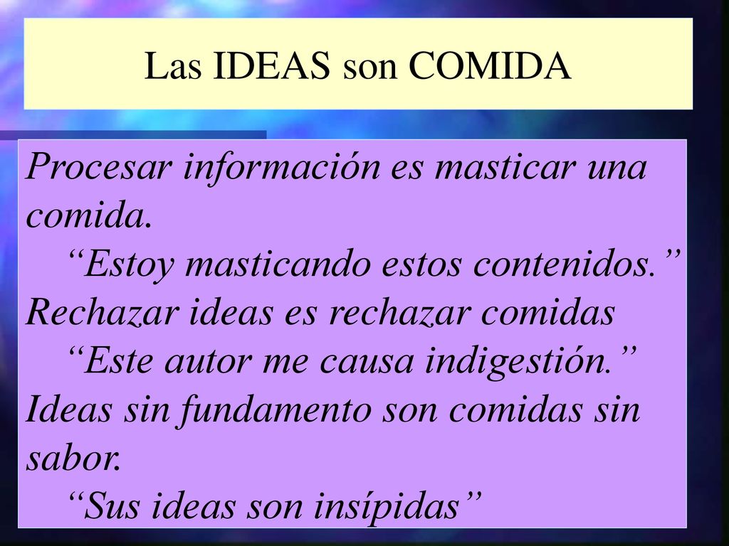 Las IDEAS son COMIDA Procesar información es masticar una. comida. Estoy masticando estos contenidos.