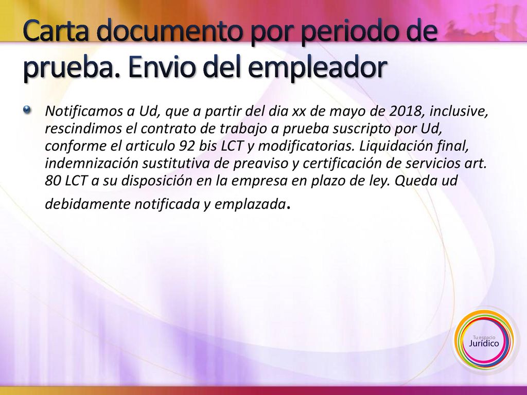 Carta documento por periodo de prueba. Envio del empleador