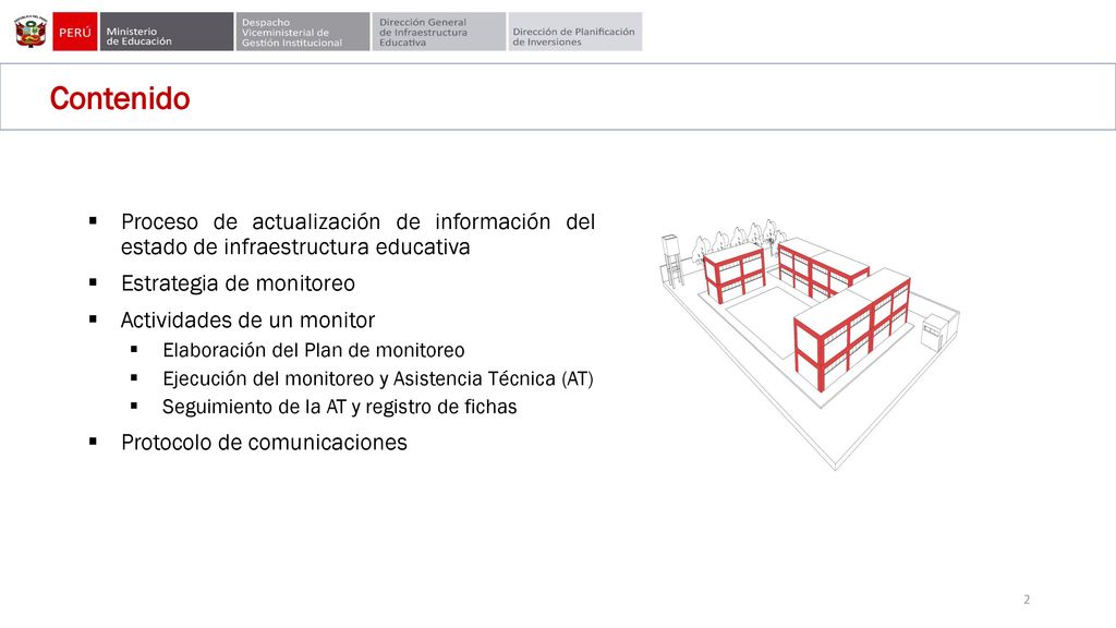 Contenido Proceso de actualización de información del estado de infraestructura educativa. Estrategia de monitoreo.