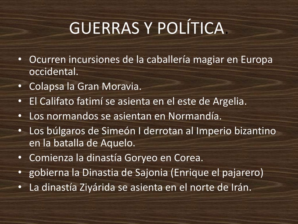 GUERRAS Y POLÍTICA. Ocurren incursiones de la caballería magiar en Europa occidental. Colapsa la Gran Moravia.