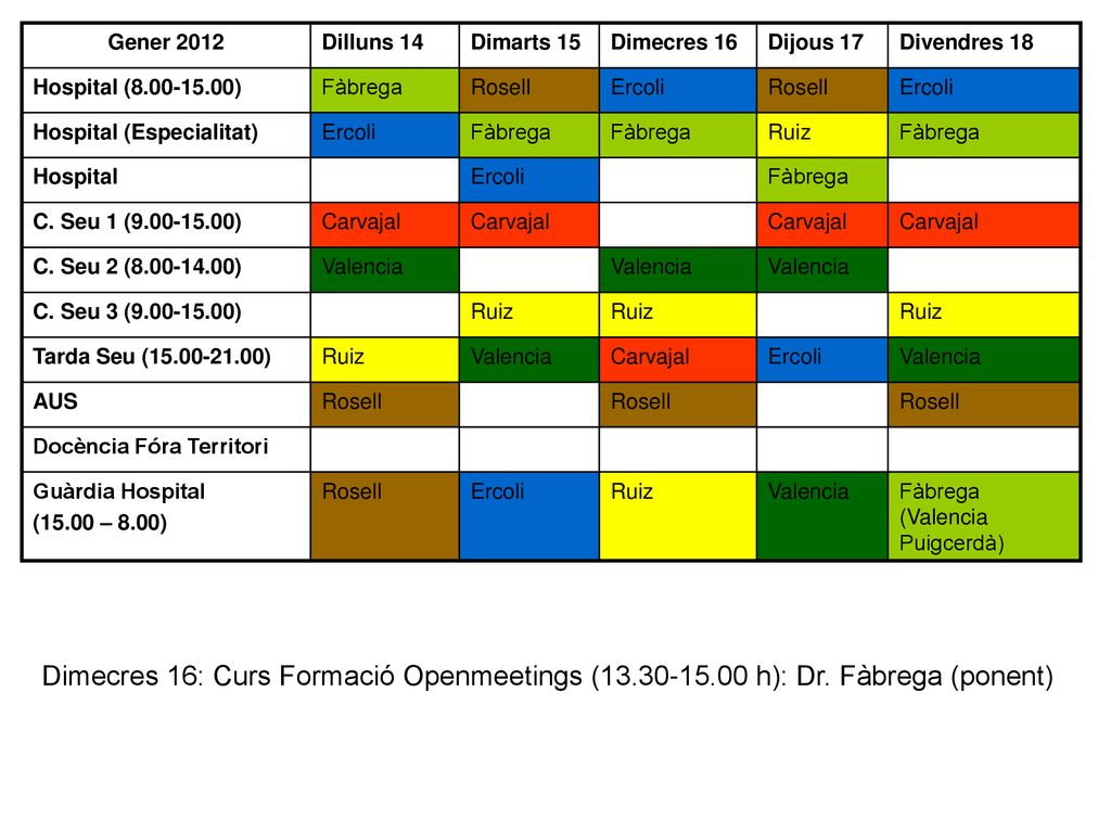 Gener 2012 Dilluns 14. Dimarts 15. Dimecres 16. Dijous 17. Divendres 18. Hospital ( )