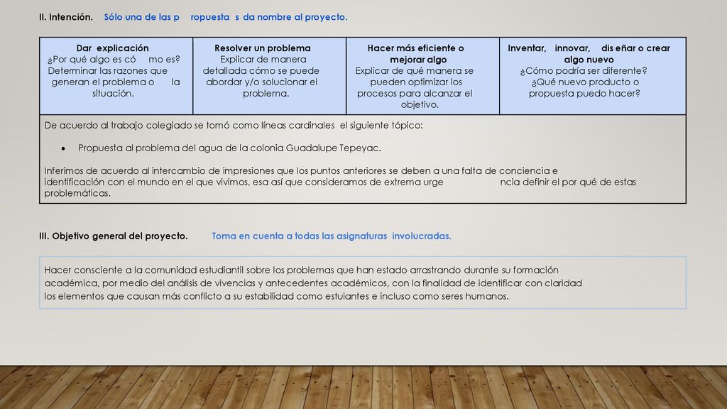 II. Intención. Sólo una de las p. ropuesta. s. da nombre al proyecto. Dar. explicación. ¿Por qué algo es có.