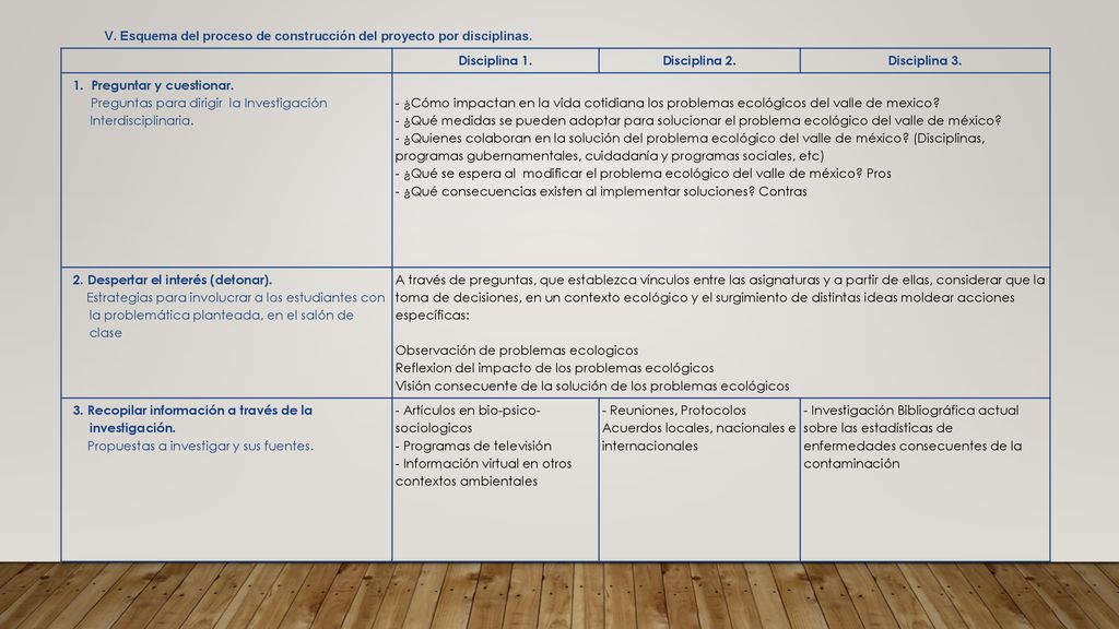V. Esquema del proceso de construcción del proyecto por disciplinas.