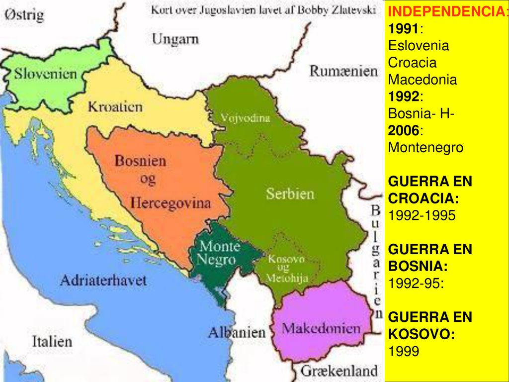 INDEPENDENCIA: 1991: Eslovenia. Croacia. Macedonia. 1992: Bosnia- H- 2006: Montenegro. GUERRA EN.
