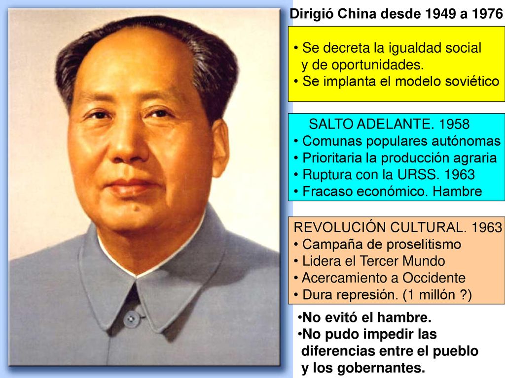Dirigió China desde 1949 a 1976 Se decreta la igualdad social. y de oportunidades. Se implanta el modelo soviético.