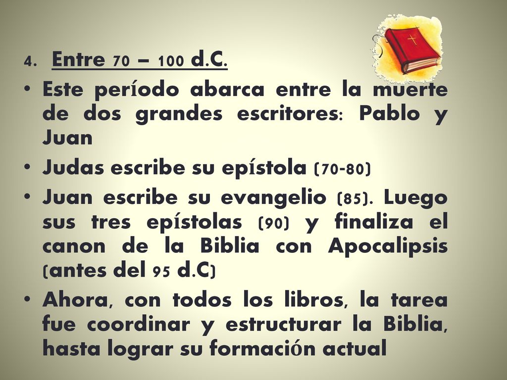 Entre 70 – 100 d.C. Este período abarca entre la muerte de dos grandes escritores: Pablo y Juan. Judas escribe su epístola (70-80)