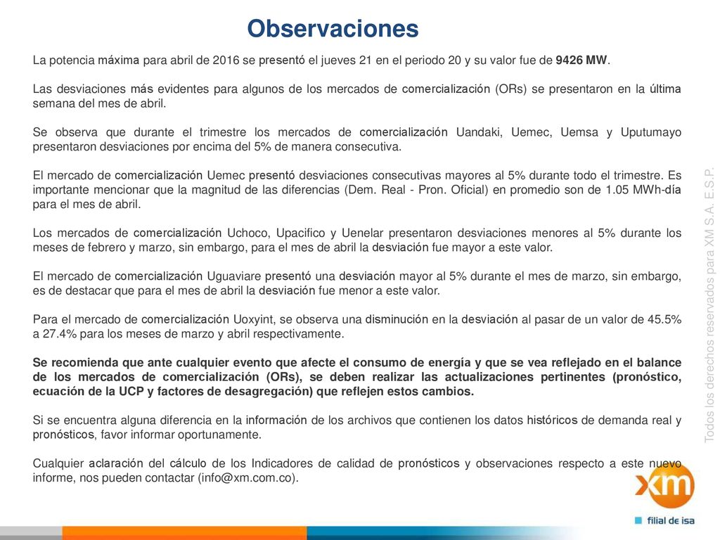 Observaciones La potencia máxima para abril de 2016 se presentó el jueves 21 en el periodo 20 y su valor fue de 9426 MW.