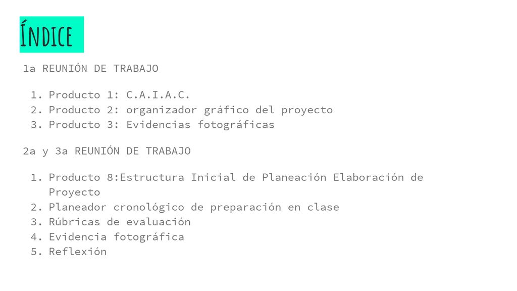 Índice 1a REUNIÓN DE TRABAJO Producto 1: C.A.I.A.C.