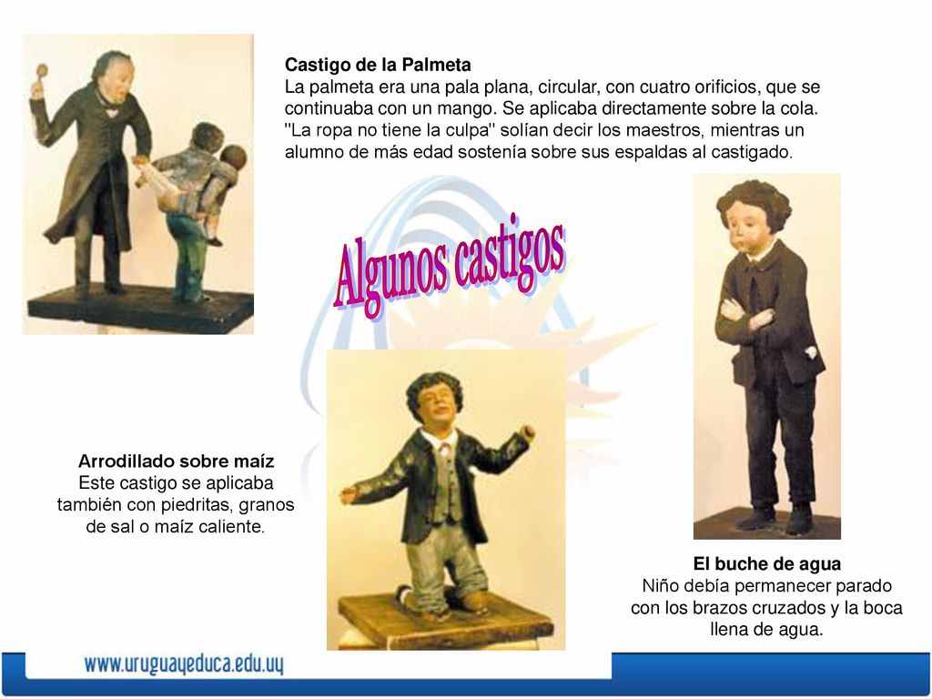 Castigo de la Palmeta La palmeta era una pala plana, circular, con cuatro orificios, que se continuaba con un mango. Se aplicaba directamente sobre la cola. La ropa no tiene la culpa solían decir los maestros, mientras un alumno de más edad sostenía sobre sus espaldas al castigado.