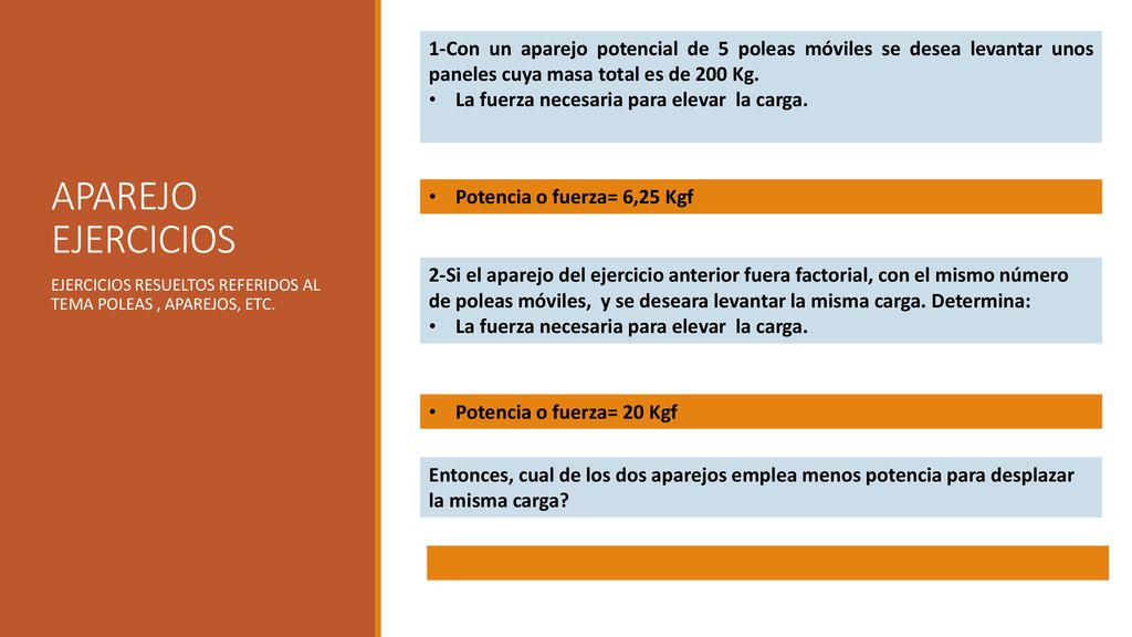 1-Con un aparejo potencial de 5 poleas móviles se desea levantar unos paneles cuya masa total es de 200 Kg.