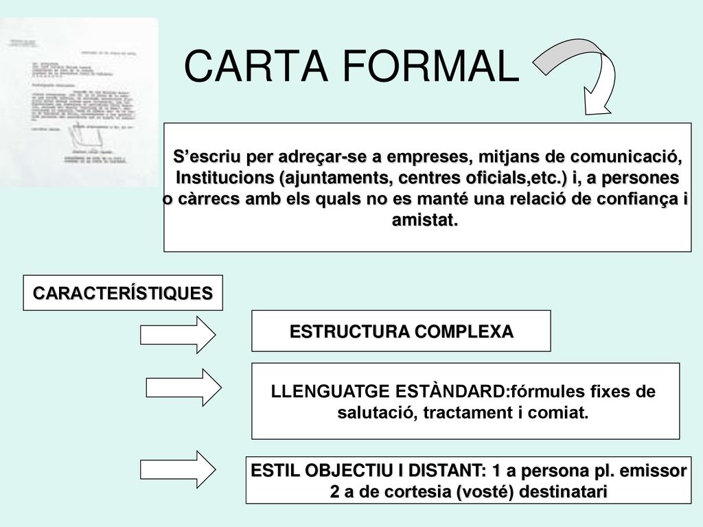 CARTA FORMAL S’escriu per adreçar-se a empreses, mitjans de comunicació, Institucions (ajuntaments, centres oficials,etc.) i, a persones.