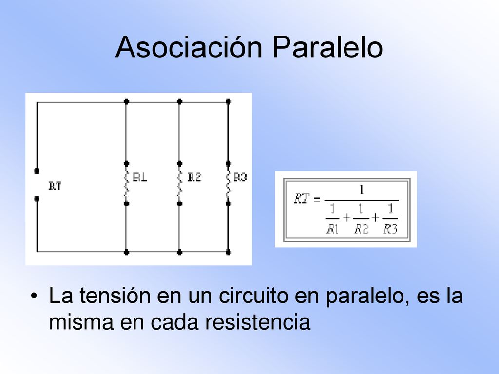 Asociación Paralelo La tensión en un circuito en paralelo, es la misma en cada resistencia