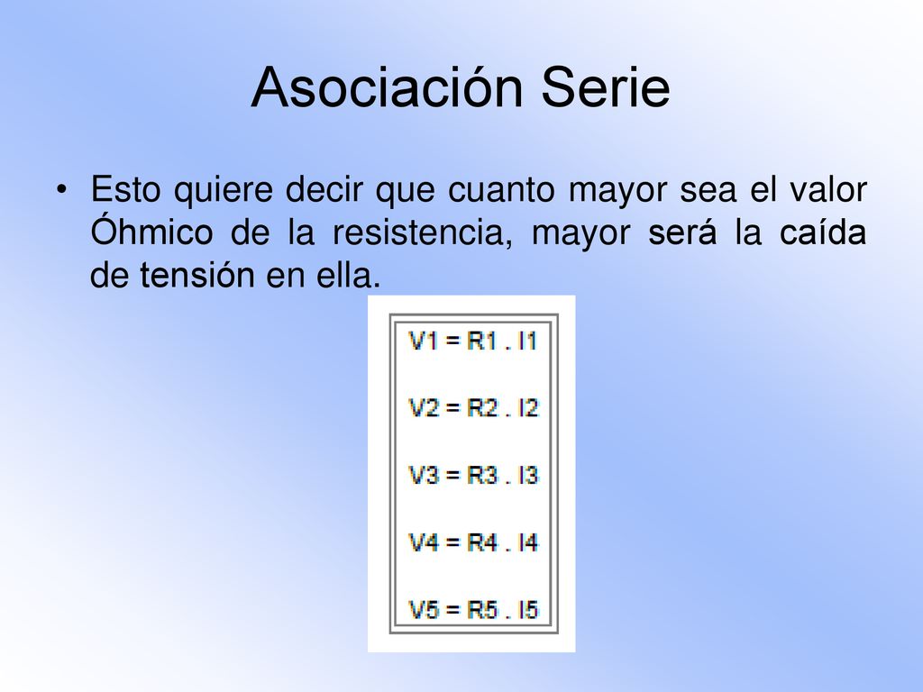 Asociación Serie Esto quiere decir que cuanto mayor sea el valor Óhmico de la resistencia, mayor será la caída de tensión en ella.