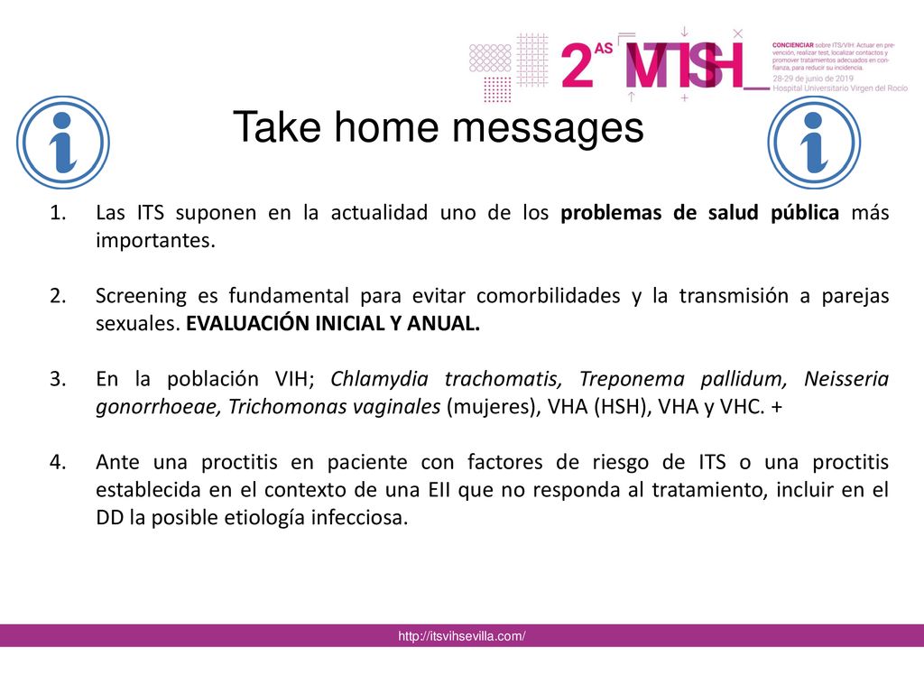 Take home messages Las ITS suponen en la actualidad uno de los problemas de salud pública más importantes.