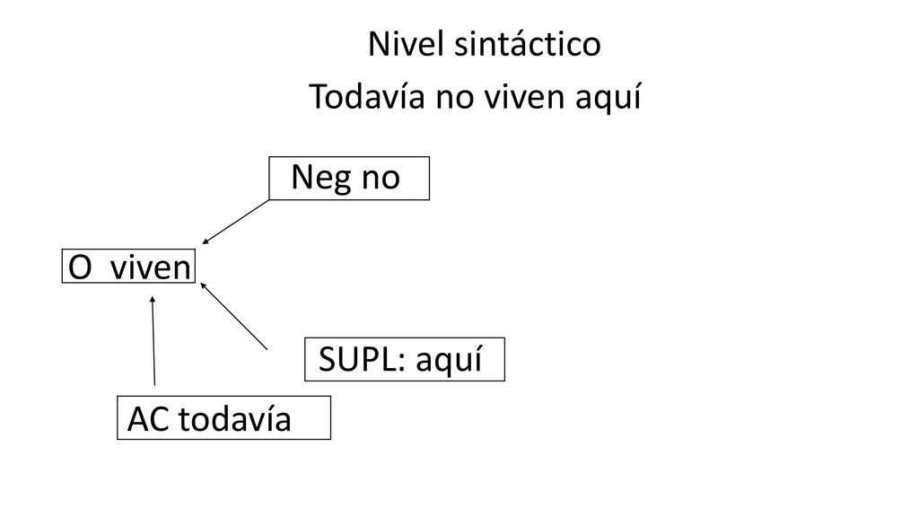 Nivel sintáctico Todavía no viven aquí Neg no O viven SUPL: aquí AC todavía