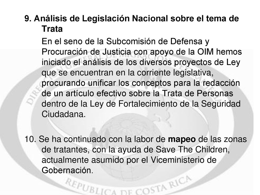 9. Análisis de Legislación Nacional sobre el tema de Trata
