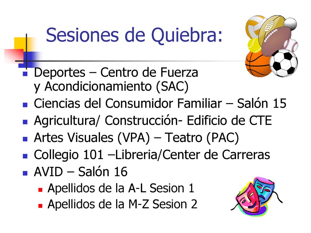 Sesiones de Quiebra: Deportes – Centro de Fuerza y ​​Acondicionamiento (SAC) Ciencias del Consumidor Familiar – Salón 15.