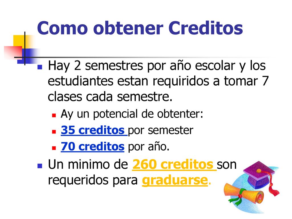 Como obtener Creditos Hay 2 semestres por año escolar y los estudiantes estan requiridos a tomar 7 clases cada semestre.