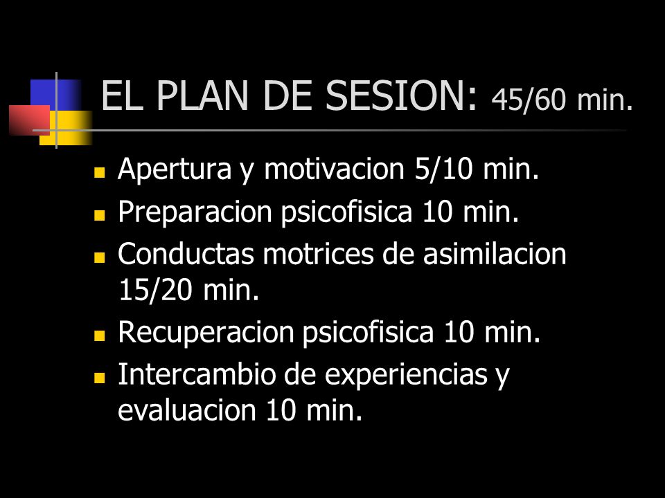 EL PLAN DE SESION: 45/60 min. Apertura y motivacion 5/10 min.