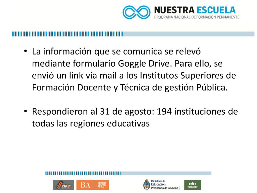La información que se comunica se relevó mediante formulario Goggle Drive. Para ello, se envió un link vía mail a los Institutos Superiores de Formación Docente y Técnica de gestión Pública.