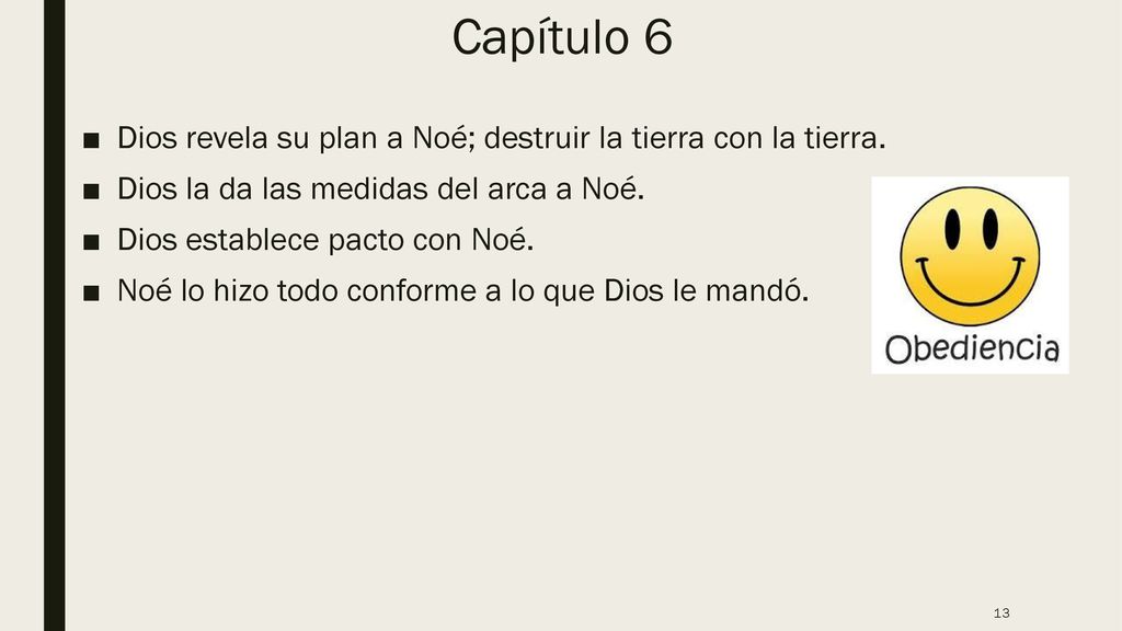 Capítulo 6 Dios revela su plan a Noé; destruir la tierra con la tierra. Dios la da las medidas del arca a Noé.