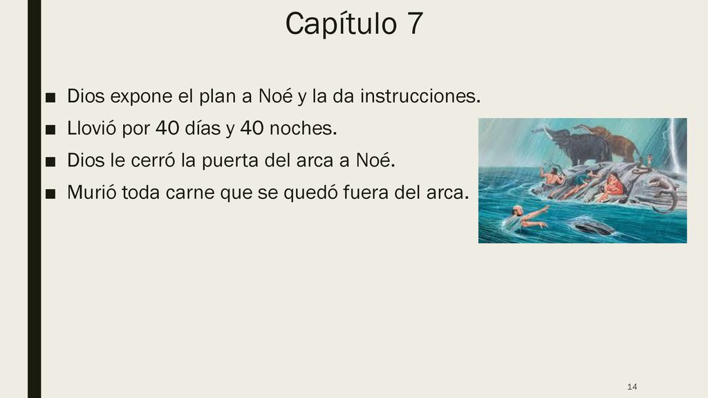 Capítulo 7 Dios expone el plan a Noé y la da instrucciones.