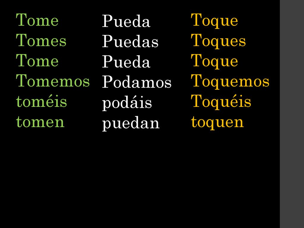Tome Tomes. Tomemos. toméis. tomen. Pueda. Puedas. Podamos. podáis. puedan. Toque. Toques.