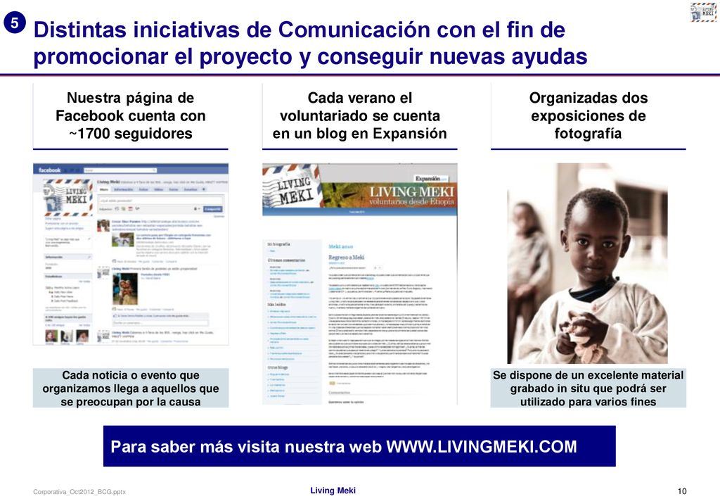 5 Distintas iniciativas de Comunicación con el fin de promocionar el proyecto y conseguir nuevas ayudas.