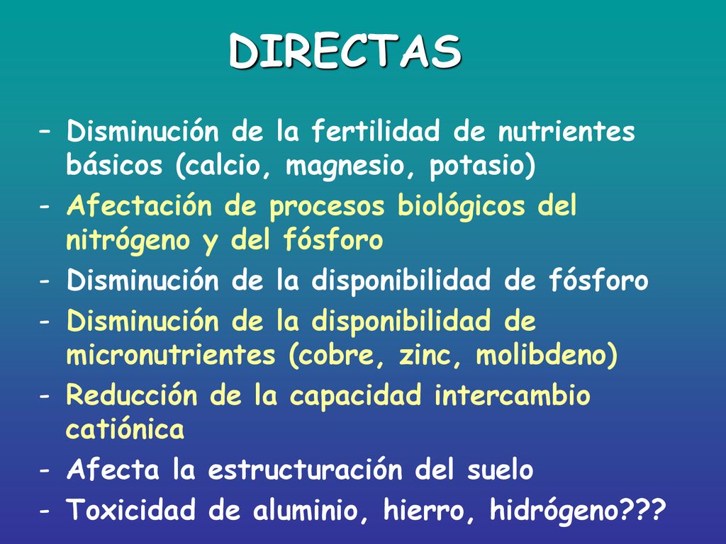 DIRECTAS Disminución de la fertilidad de nutrientes básicos (calcio, magnesio, potasio)