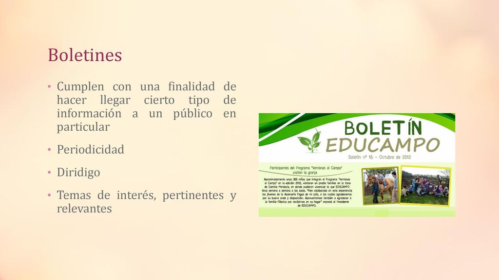 Boletines Cumplen con una finalidad de hacer llegar cierto tipo de información a un público en particular.