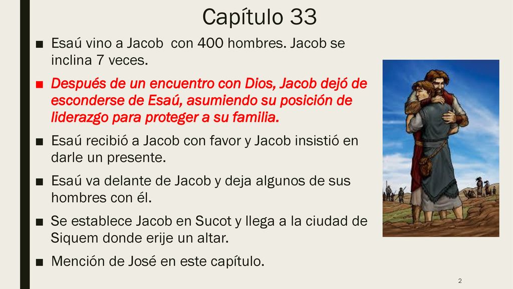 Capítulo 33 Esaú vino a Jacob con 400 hombres. Jacob se inclina 7 veces.