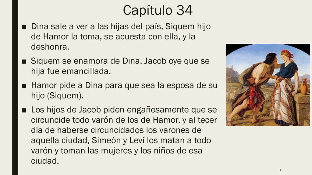 Capítulo 34 Dina sale a ver a las hijas del país, Siquem hijo de Hamor la toma, se acuesta con ella, y la deshonra.