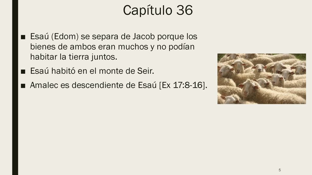 Capítulo 36 Esaú (Edom) se separa de Jacob porque los bienes de ambos eran muchos y no podían habitar la tierra juntos.