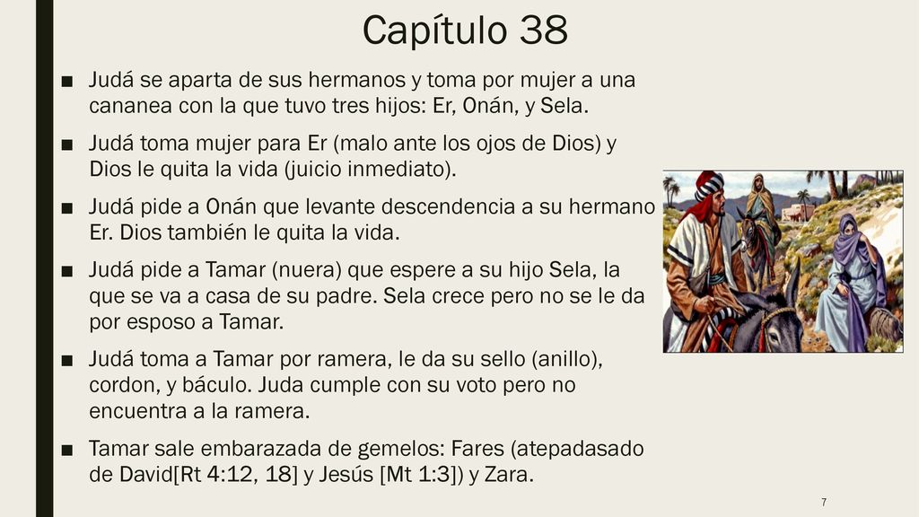 Capítulo 38 Judá se aparta de sus hermanos y toma por mujer a una cananea con la que tuvo tres hijos: Er, Onán, y Sela.