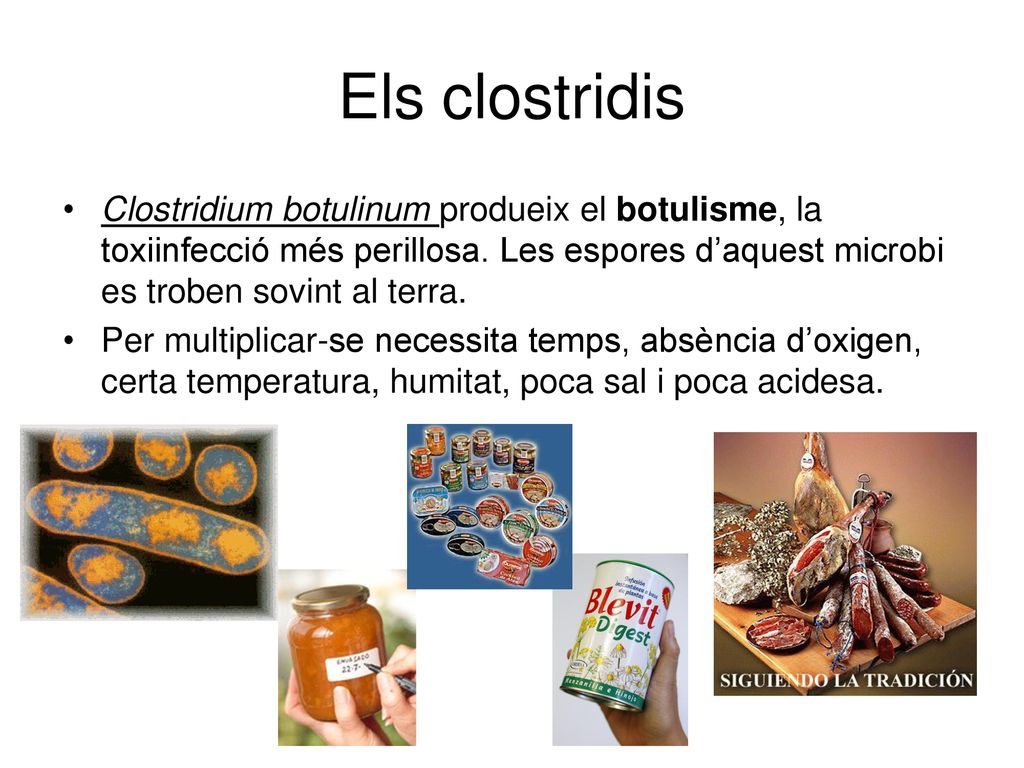 Els clostridis Clostridium botulinum produeix el botulisme, la toxiinfecció més perillosa. Les espores d’aquest microbi es troben sovint al terra.