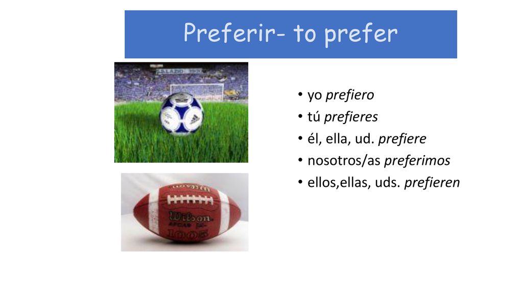 Preferir- to prefer yo prefiero tú prefieres él, ella, ud. prefiere