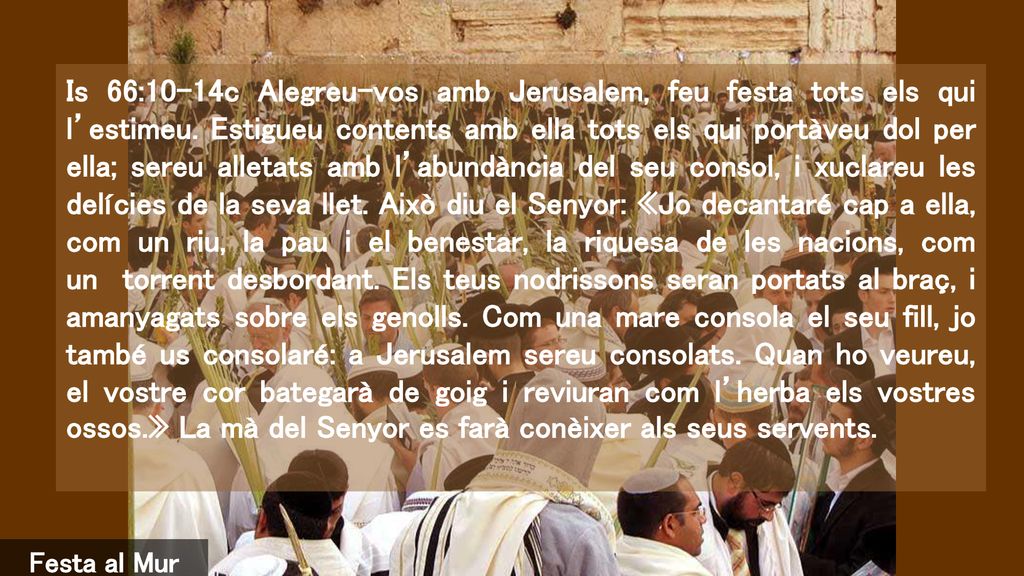 Is 66:10-14c Alegreu-vos amb Jerusalem, feu festa tots els qui l’estimeu. Estigueu contents amb ella tots els qui portàveu dol per ella; sereu alletats amb l’abundància del seu consol, i xuclareu les delícies de la seva llet. Això diu el Senyor: «Jo decantaré cap a ella, com un riu, la pau i el benestar, la riquesa de les nacions, com un torrent desbordant. Els teus nodrissons seran portats al braç, i amanyagats sobre els genolls. Com una mare consola el seu fill, jo també us consolaré: a Jerusalem sereu consolats. Quan ho veureu, el vostre cor bategarà de goig i reviuran com l’herba els vostres ossos.» La mà del Senyor es farà conèixer als seus servents.
