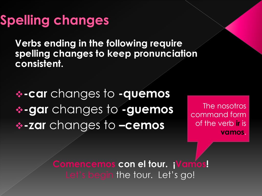 Spelling changes -gar changes to -guemos -zar changes to –cemos