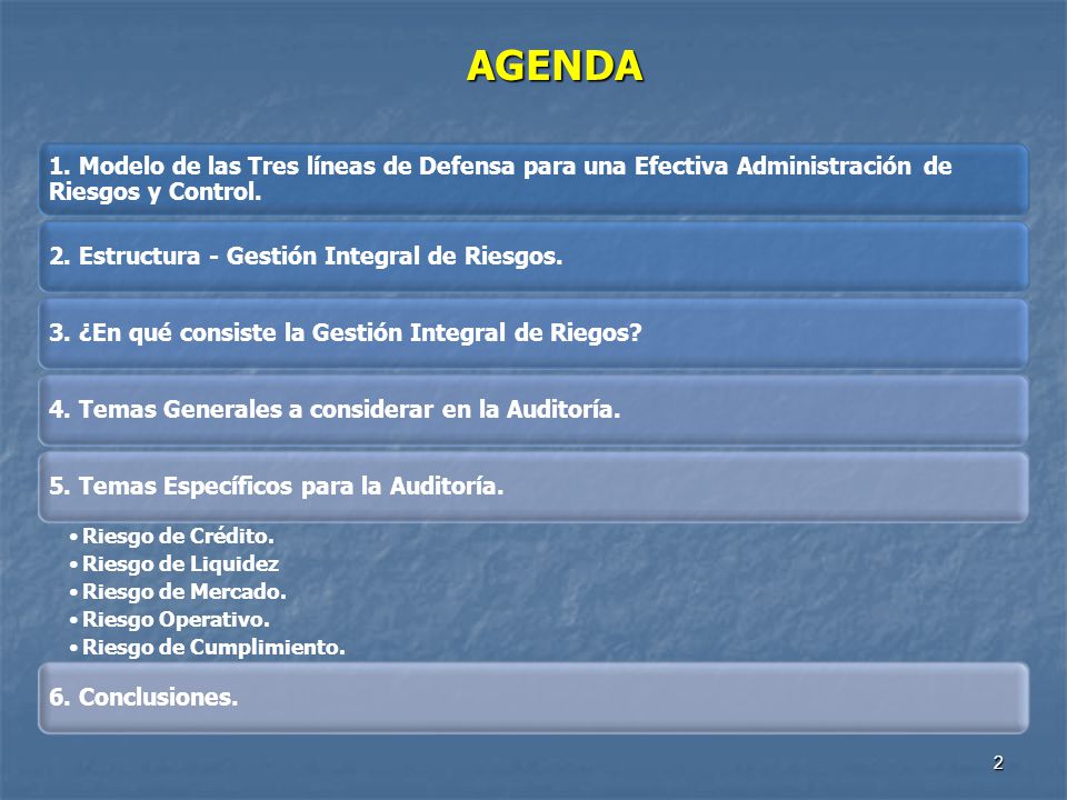 AGENDA 1. Modelo de las Tres líneas de Defensa para una Efectiva Administración de Riesgos y Control.