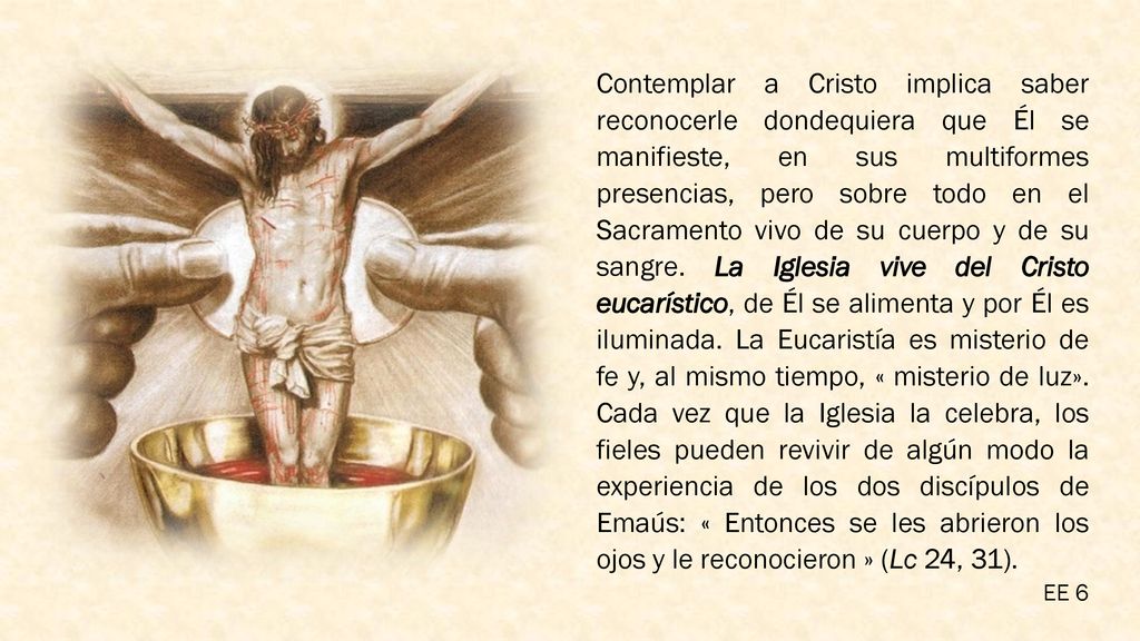 Contemplar a Cristo implica saber reconocerle dondequiera que Él se manifieste, en sus multiformes presencias, pero sobre todo en el Sacramento vivo de su cuerpo y de su sangre. La Iglesia vive del Cristo eucarístico, de Él se alimenta y por Él es iluminada. La Eucaristía es misterio de fe y, al mismo tiempo, « misterio de luz». Cada vez que la Iglesia la celebra, los fieles pueden revivir de algún modo la experiencia de los dos discípulos de Emaús: « Entonces se les abrieron los ojos y le reconocieron » (Lc 24, 31).