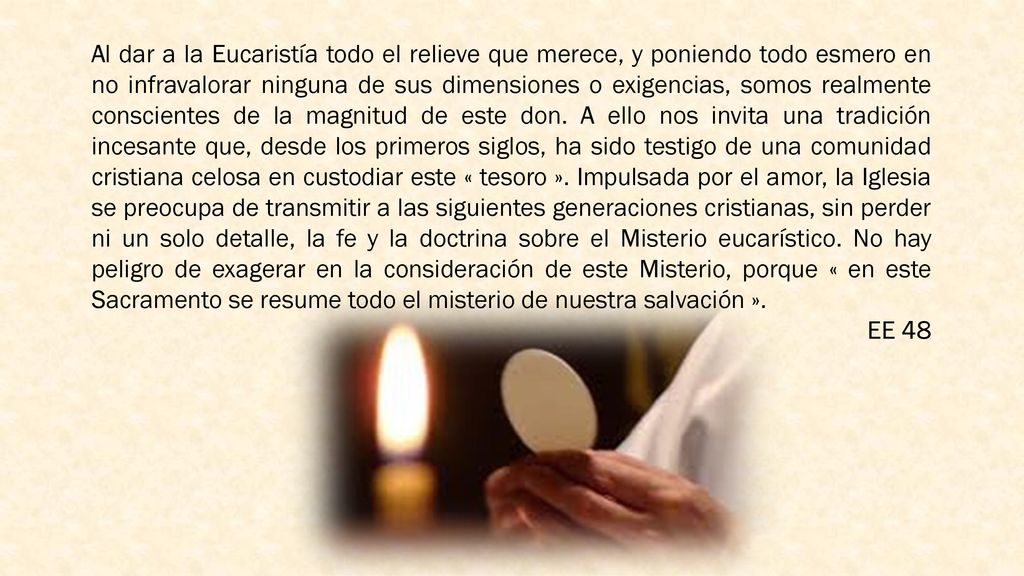 Al dar a la Eucaristía todo el relieve que merece, y poniendo todo esmero en no infravalorar ninguna de sus dimensiones o exigencias, somos realmente conscientes de la magnitud de este don. A ello nos invita una tradición incesante que, desde los primeros siglos, ha sido testigo de una comunidad cristiana celosa en custodiar este « tesoro ». Impulsada por el amor, la Iglesia se preocupa de transmitir a las siguientes generaciones cristianas, sin perder ni un solo detalle, la fe y la doctrina sobre el Misterio eucarístico. No hay peligro de exagerar en la consideración de este Misterio, porque « en este Sacramento se resume todo el misterio de nuestra salvación ».