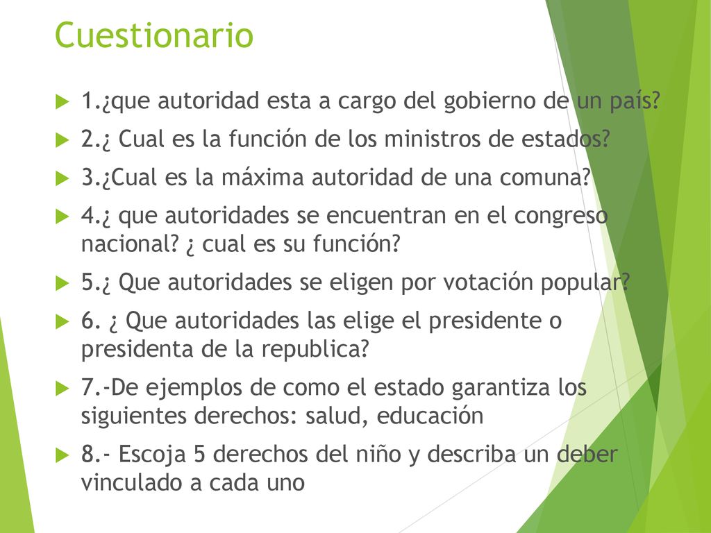 Cuestionario 1.¿que autoridad esta a cargo del gobierno de un país