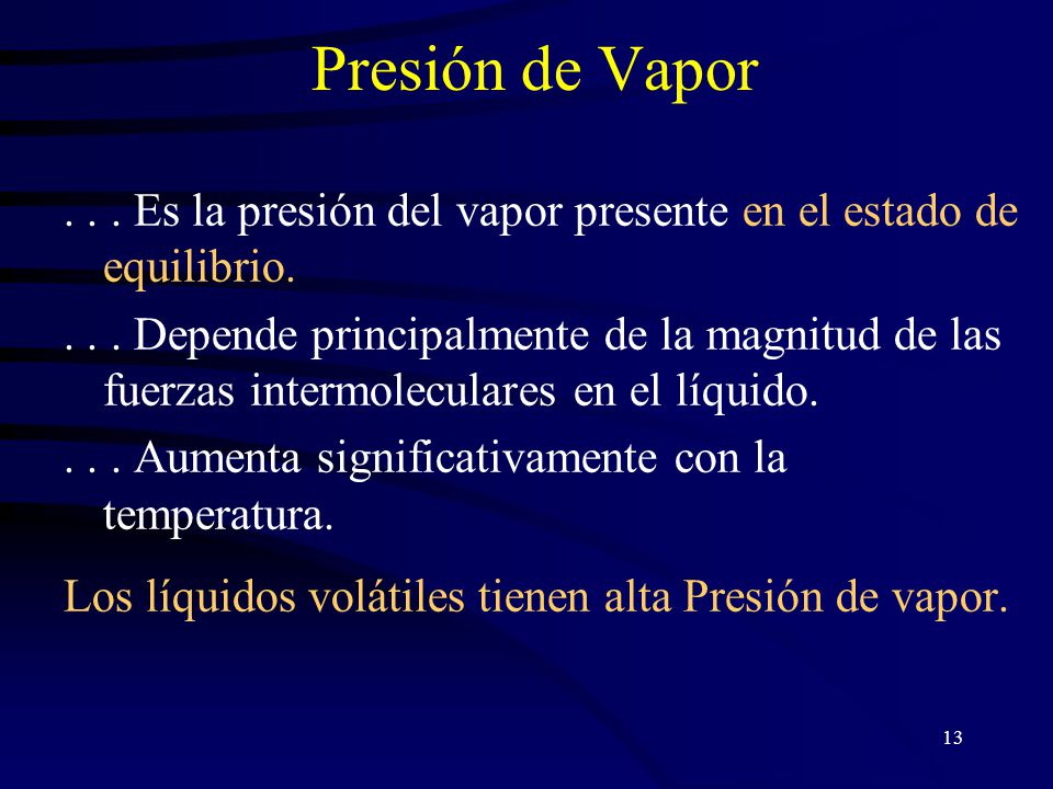 Presión de Vapor Es la presión del vapor presente en el estado de equilibrio.